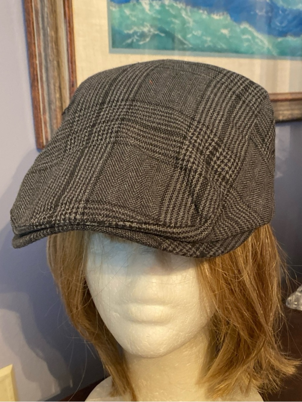 V! Dark Grey Mens Newboys Hat Plaid Pattern